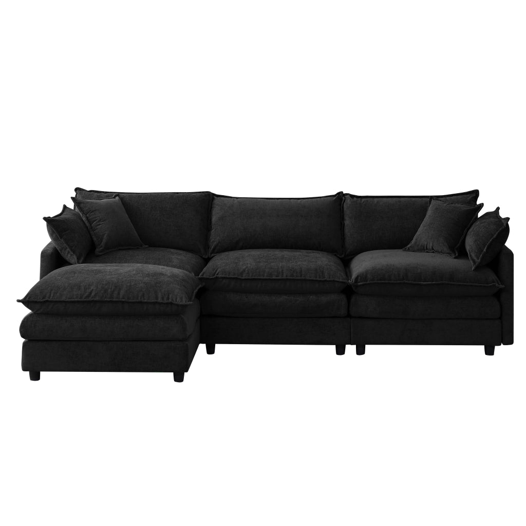 Divano angolare modulare 3 posti con pouf mobile e cuscini sfoderabili, struttura in legno, in ciniglia nera