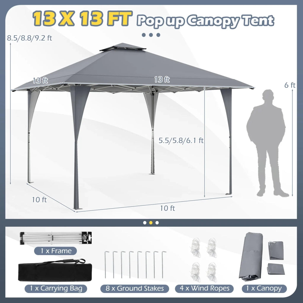 Gazebo pieghevole pop up 390 x 390 cm grigio con borsa di trasporto 8 picchetti e 4 corde tenda da giardino regolabile