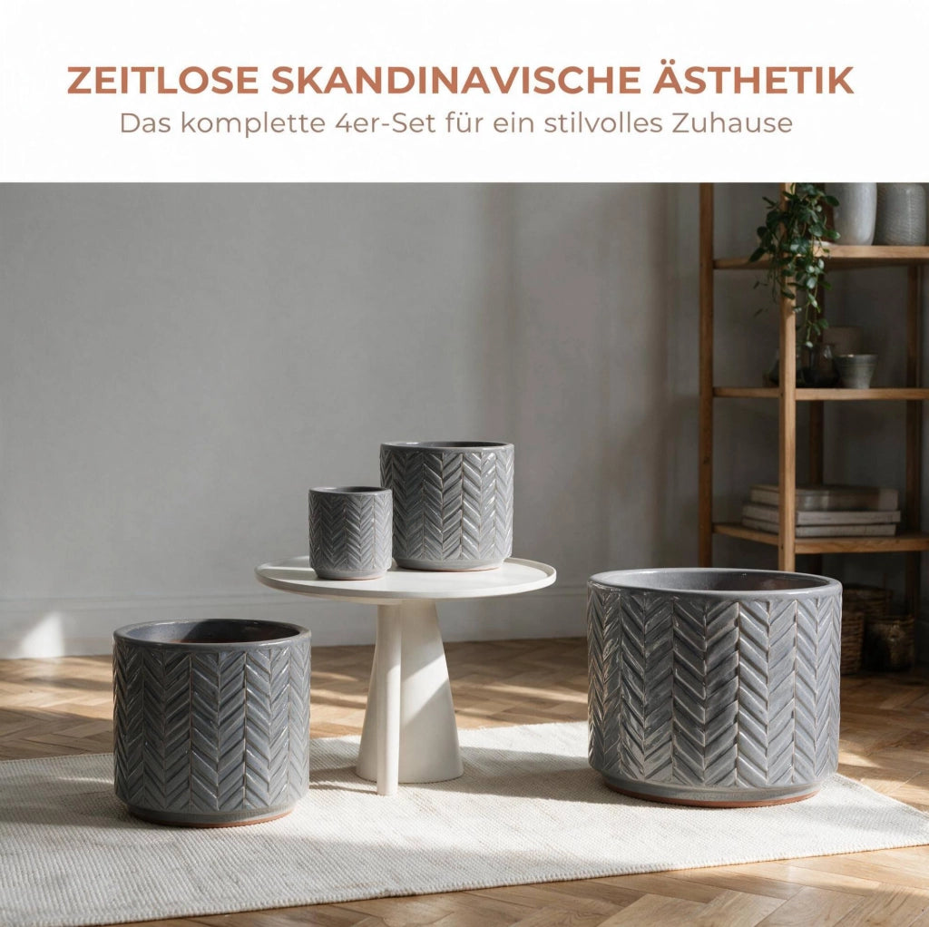 Set di 4 vasi per piante IVMEU in ceramica grigio cenere, ? 38/31,5/24,5/20 cm, con rilievo a spina di pesce