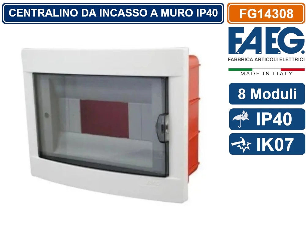 CENTRALINO DA INCASSO 8 MODULI CON CORNICE BIANCA E PORTELLO FUMÈ IP40 FAEG - FG14308