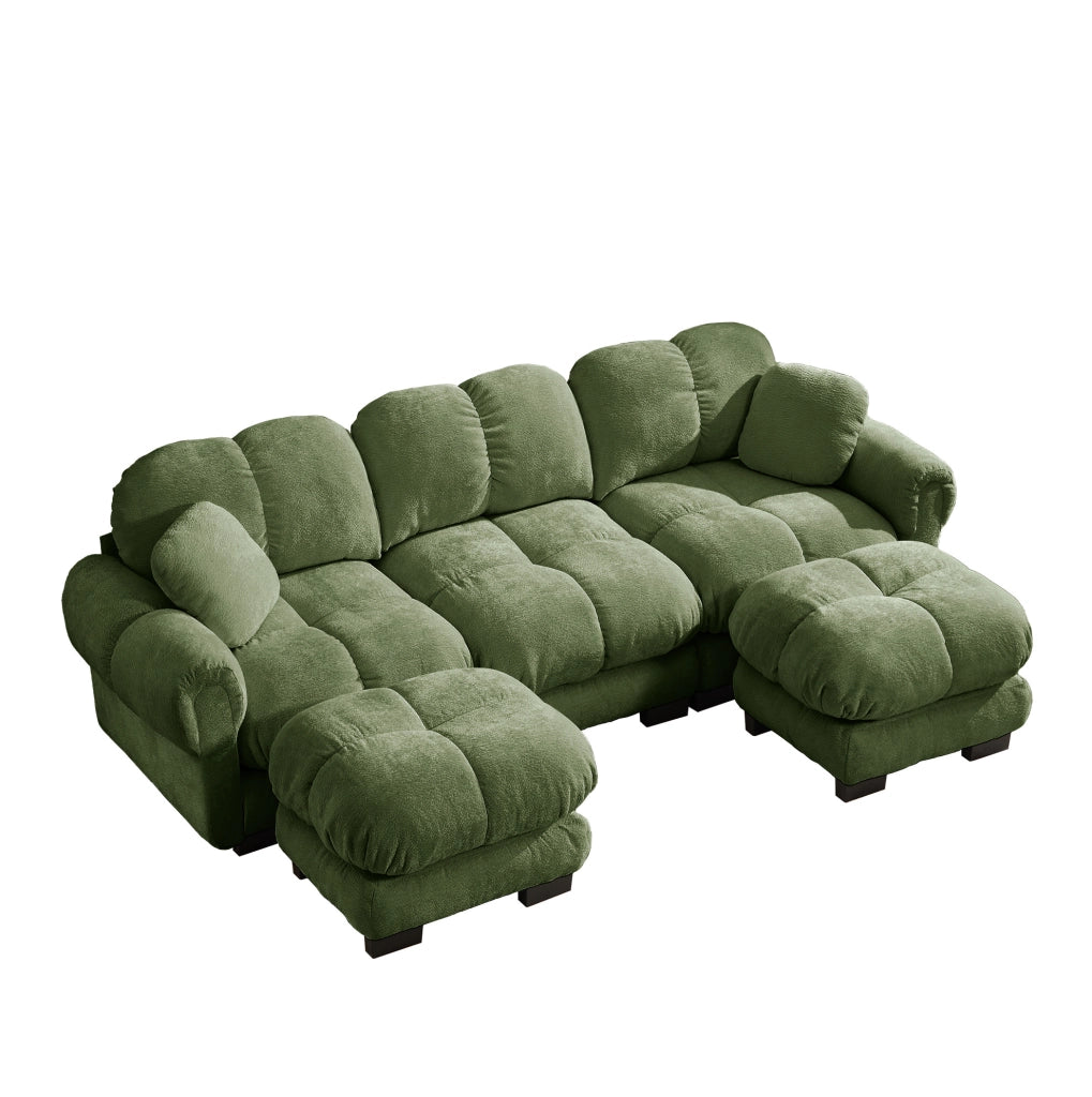 Divano a U 3 posti 260x149x90 cm in ciniglia verde, ottomana mobile e 2 cuscini