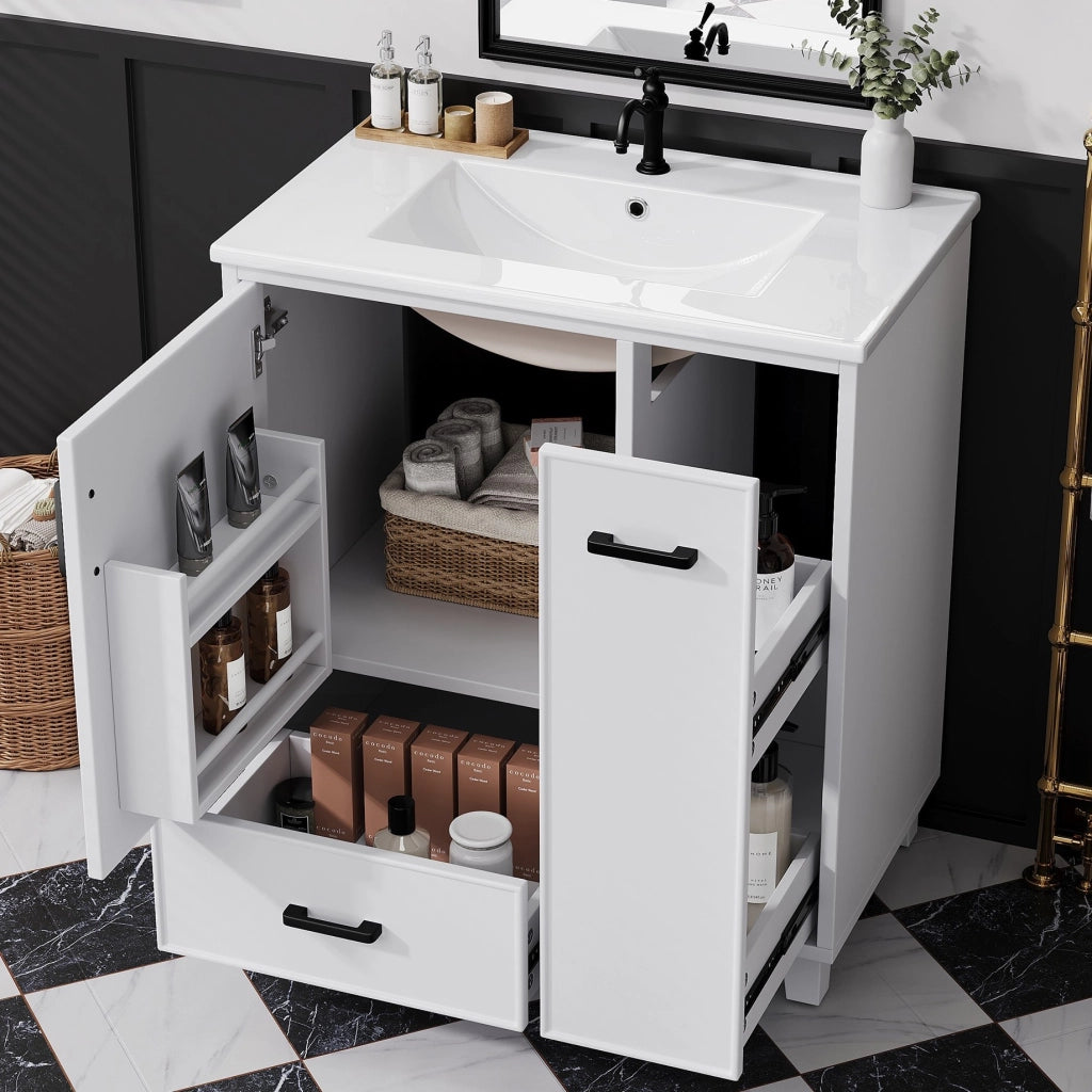 Mobile lavabo da terra 76,5 × 47 × 82 cm con lavabo in ceramica MDF bianco due cassetti anta e ripiani interni