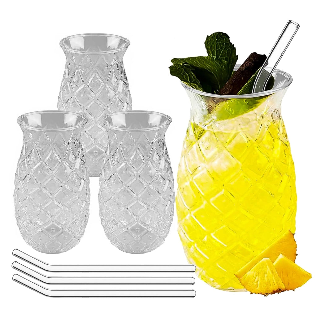 Set di 4 bicchieri per ananas, capacità 480 ml, trasparenti, resistenti al calore, con cannuccia