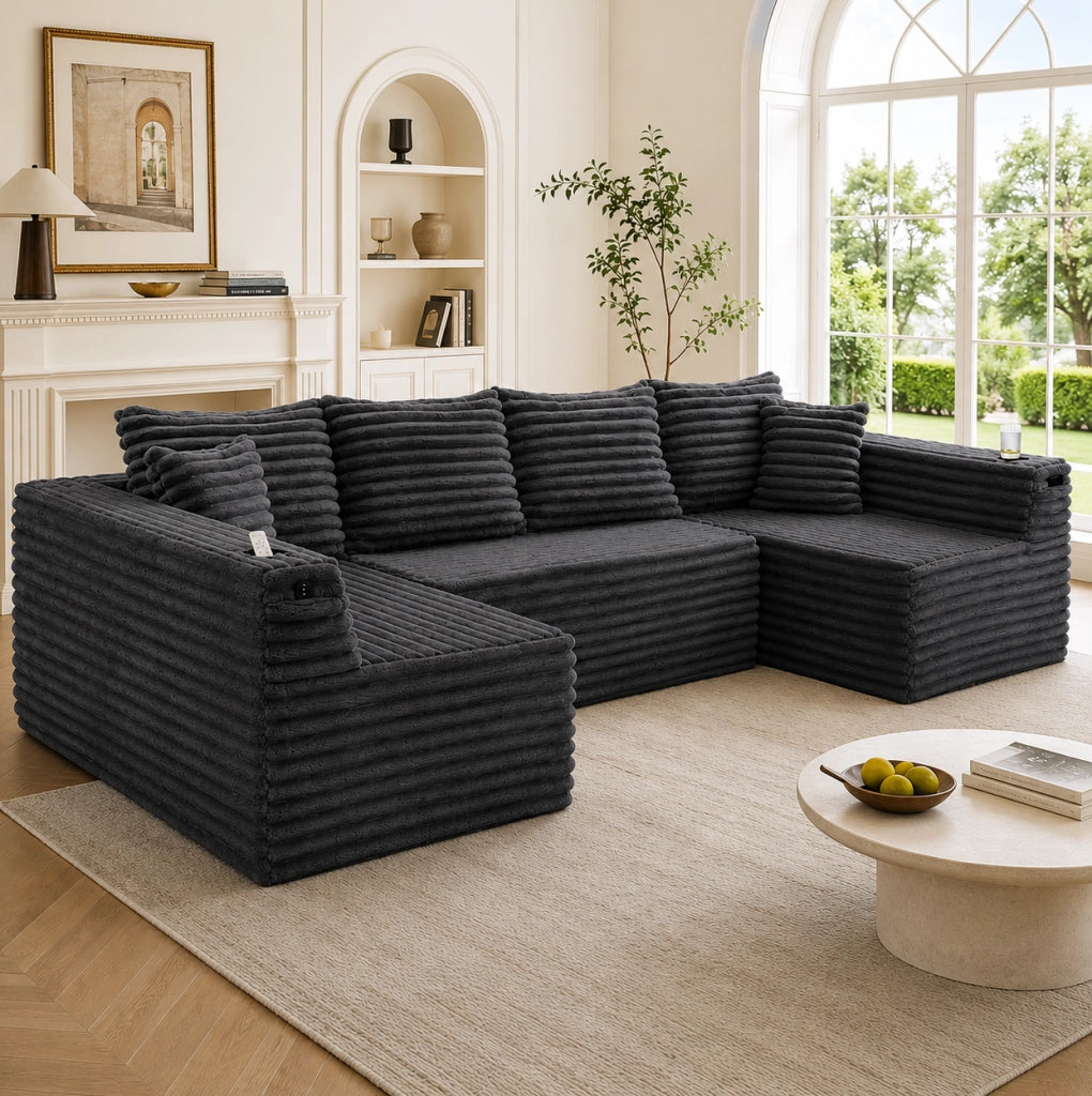 Divano modulare a U 320x155x88 cm in corduroy grigio scuro con portabicchieri