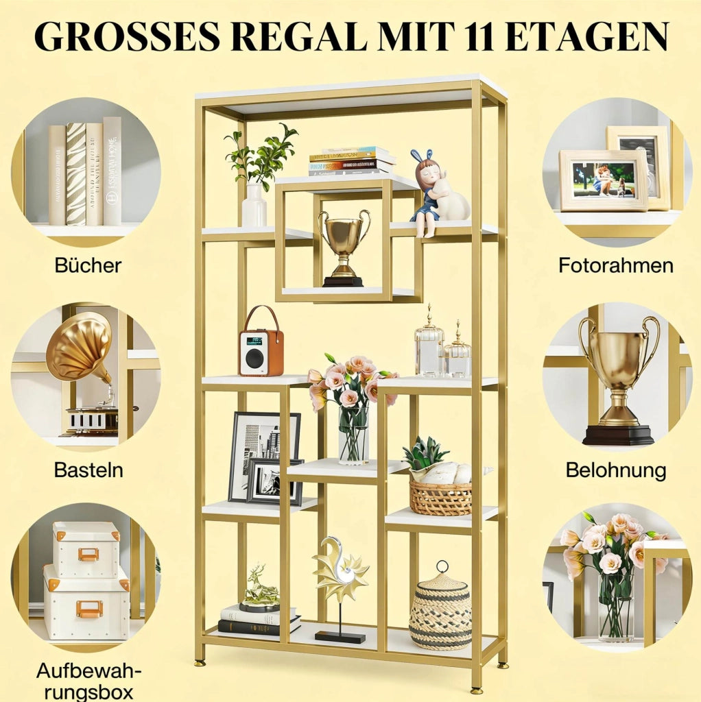 Libreria aperta 90 x 34 x 182 cm in metallo e legno, oro e bianco
