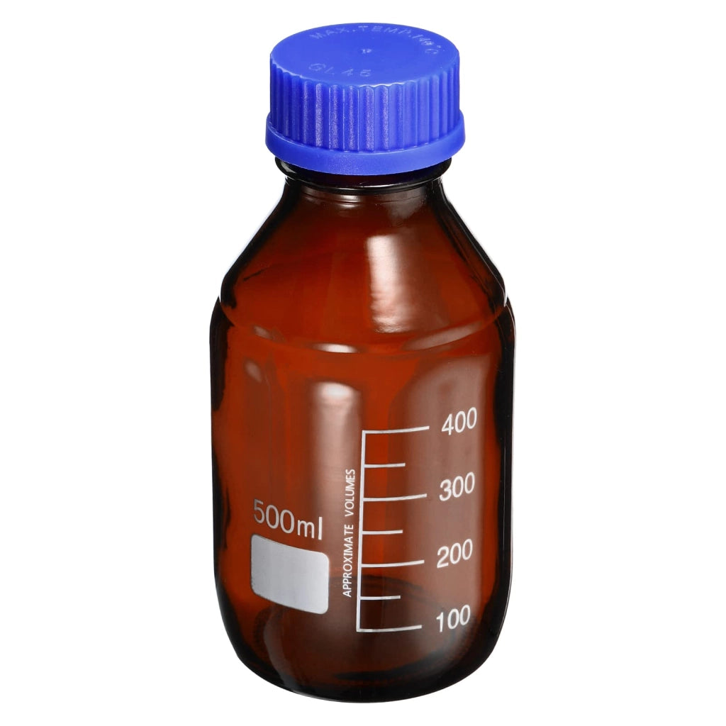 Flacone per reagenti da 500 ml, ambrato, in vetro, con tappo a vite blu