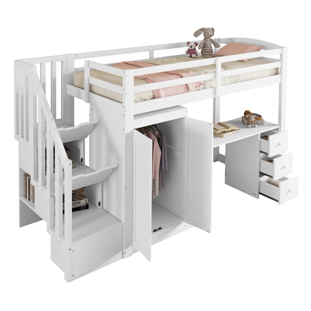 Letto a soppalco bianco 90x200 cm con armadio