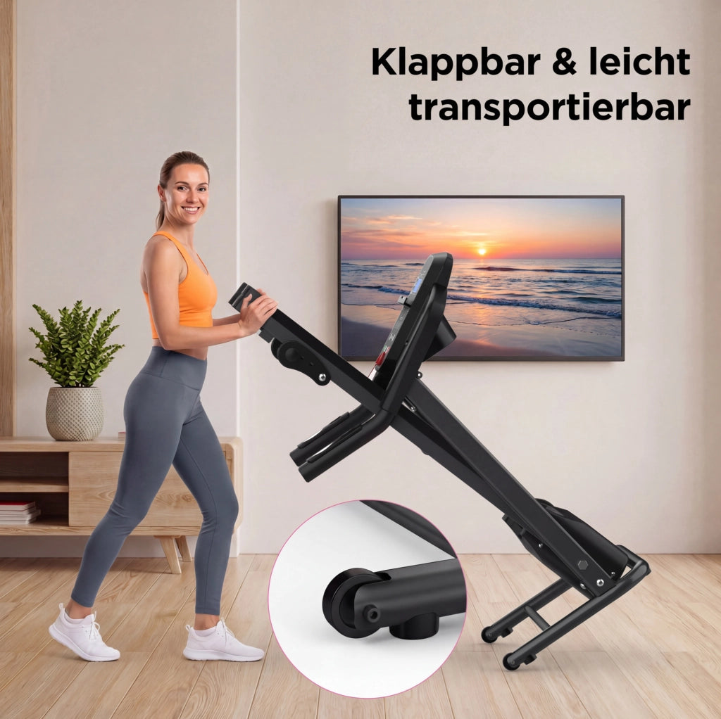 Tapis roulant pieghevole compatto per casa con maniglie, display LED multifunzione e 3 programmi, struttura in metallo, nero