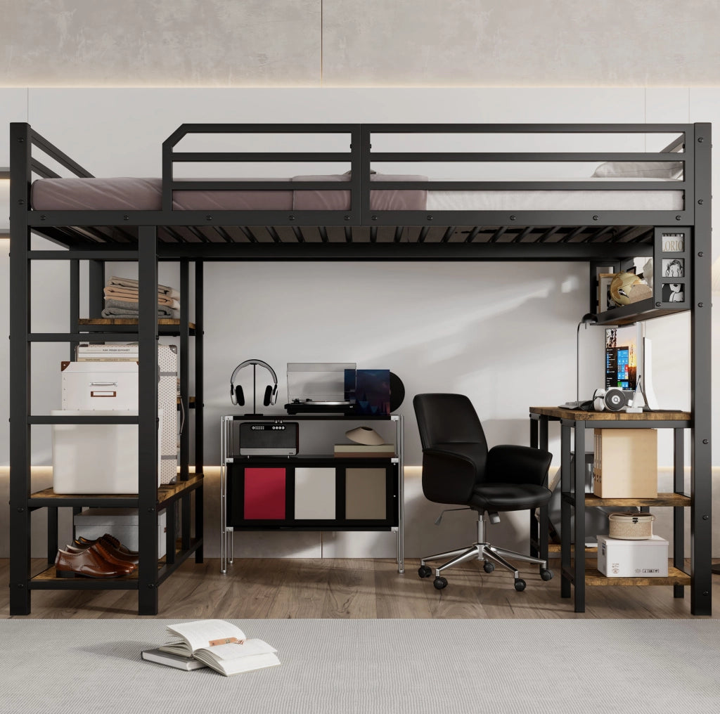 Letto a soppalco 120x200 cm con scrivania e ripiano in metallo e truciolare; nero noce scuro