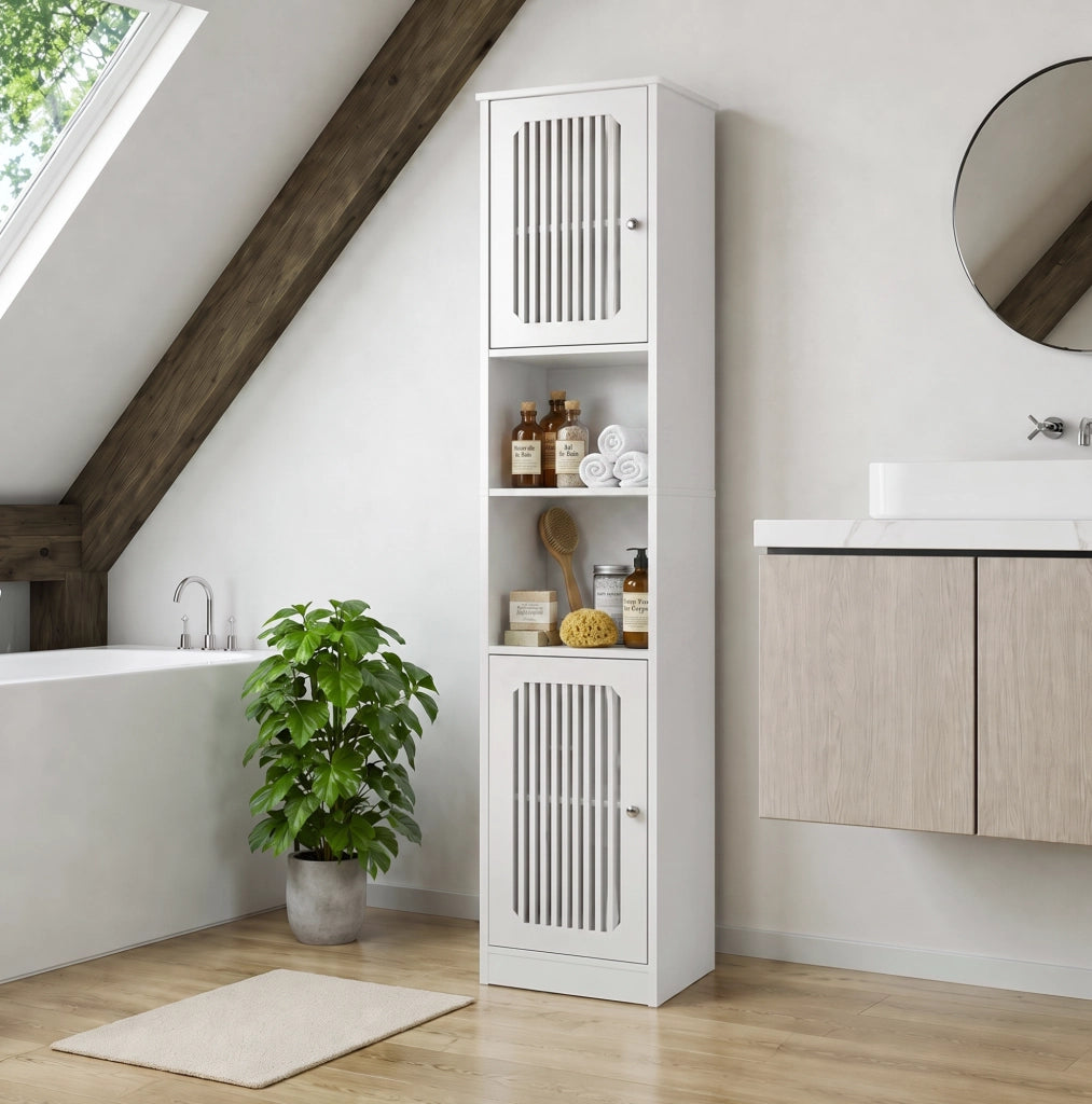 Mobile bagno alto 163 cm in MDF bianco con ripiani regolabili e ante a lamelle