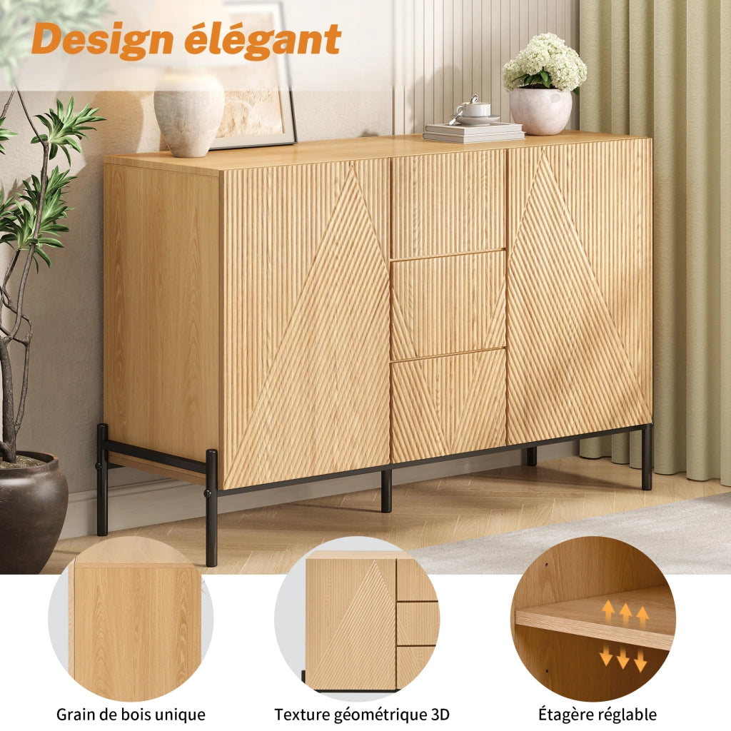 Credenza 115,5 × 40 × 76 cm con due ante geometriche e cassetto centrale in MDF naturale con gambe in ferro nero