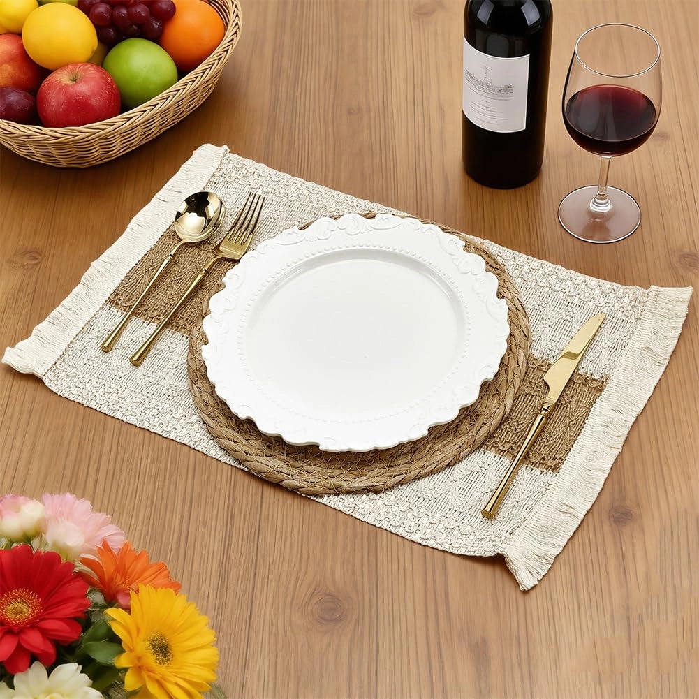 Sottopiatti in rattan in stile boho, 12 rettangolari + 12 rotondi, set da 24 pezzi