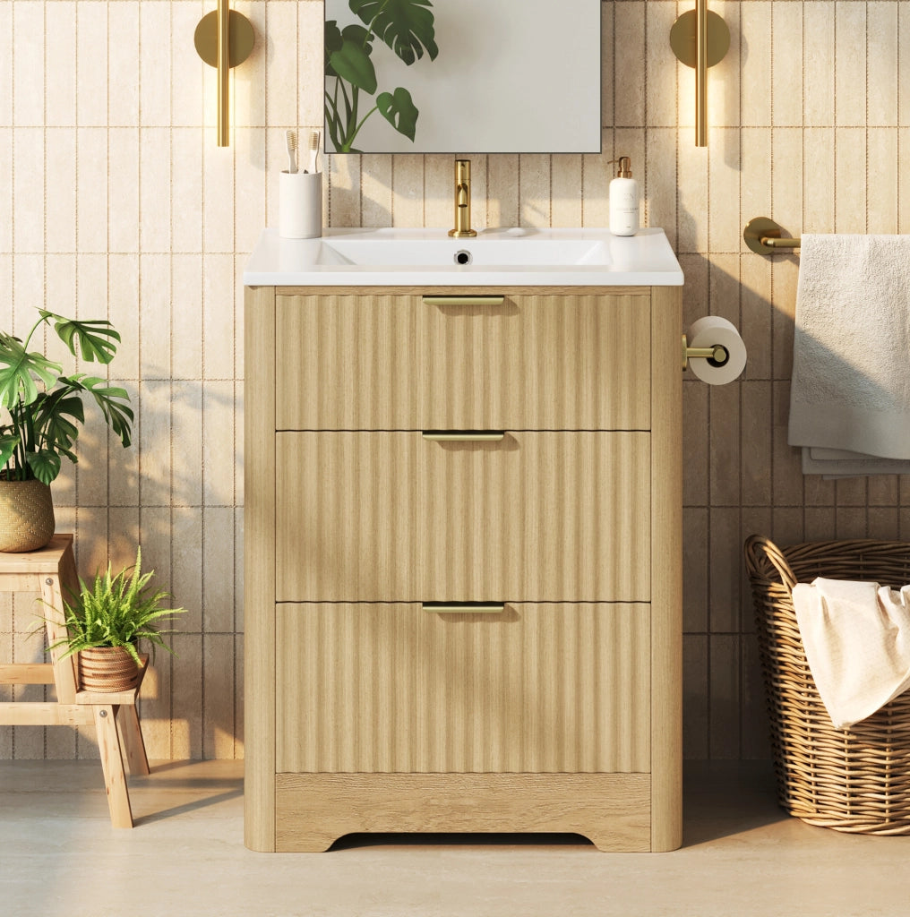 Mobile bagno 61 cm con lavabo in ceramica, cassetti e portarotolo montabile su entrambi i lati, finitura effetto legno e maniglie dorate, senza rubinetto