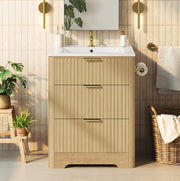 Mobile bagno 61 cm con lavabo in ceramica, cassetti e portarotolo montabile su entrambi i lati, finitura effetto legno e maniglie dorate, senza rubinetto