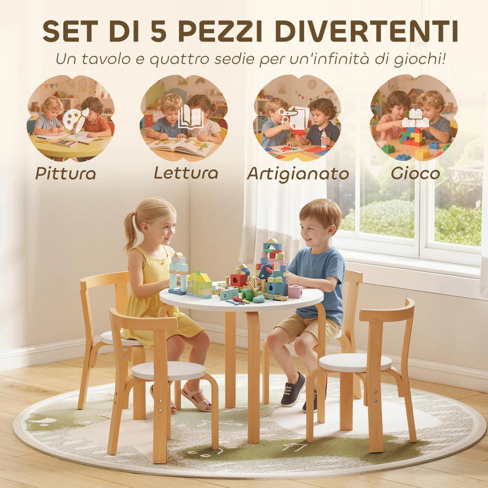 Set Tavolo e Sedie per Bambini 3-8 Anni 5 Pezzi in Legno Bianco con Angoli Arrotondati Robusto per Cameretta e Casa
