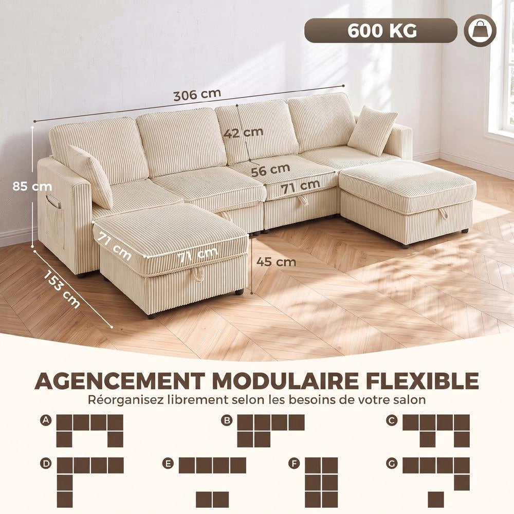 Divano angolare modulare a U 306 cm, 4 posti con 2 pouf contenitore e 4 cuscini, velluto a coste crema, salvaspazio per casa