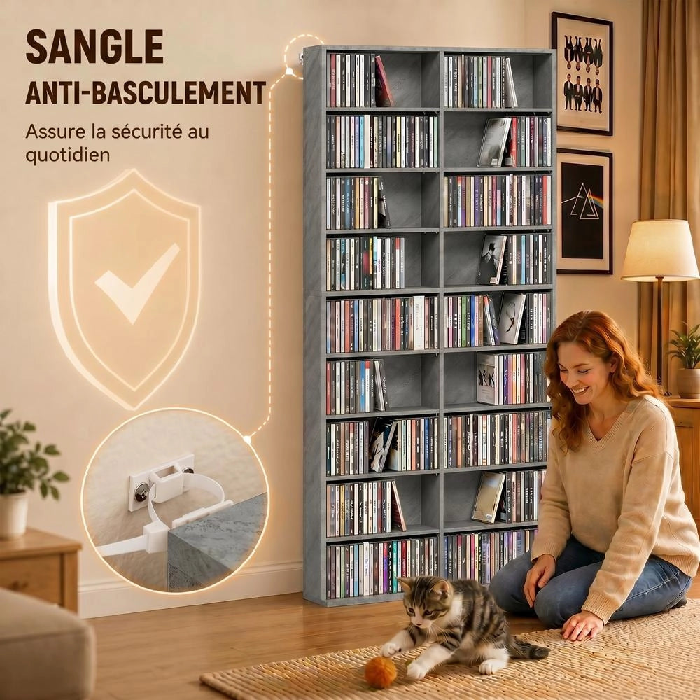 Scaffale porta CD e DVD a 18 scomparti con 14 ripiani regolabili mobile multimediale salvaspazio grigio chiaro 78,5x24x175cm