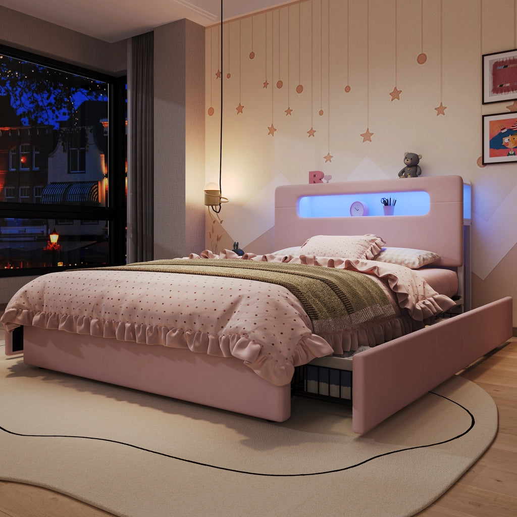Letto imbottito per bambini 140 × 200 cm con quattro cassetti laterali testiera contenitore in velluto rosa LED app