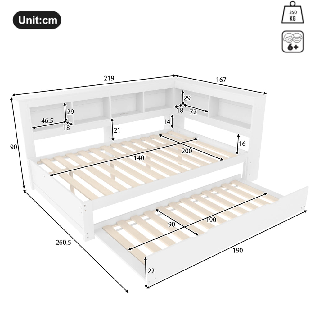 Divano letto 219x167x90 cm con letto estraibile, 2 cassetti e 2 porte USB in legno bianco