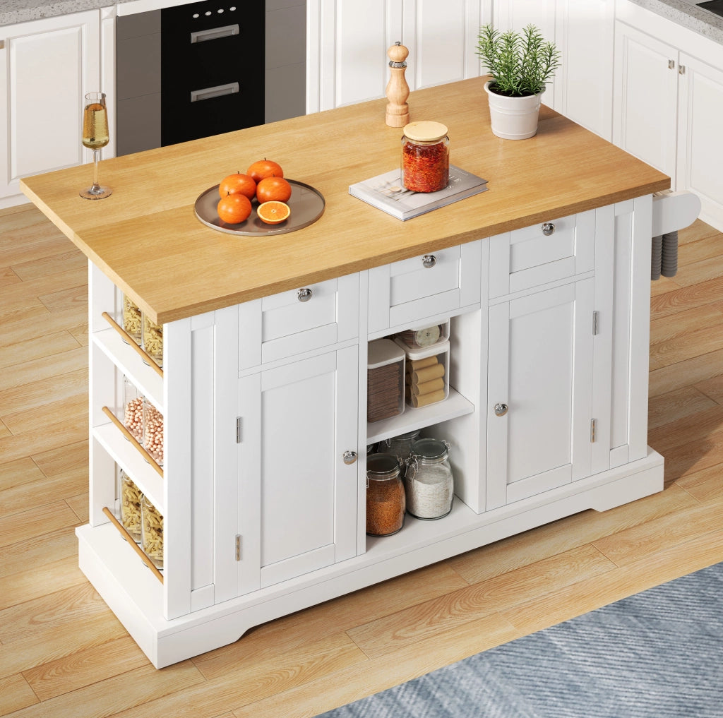 Isola da Cucina Mobile 132 cm con Piano Estensibile, Armadietto Multifunzionale, Cassetto, Porta Spezie e Portasciugamano con Ruote e Presa Elettrica Integrata