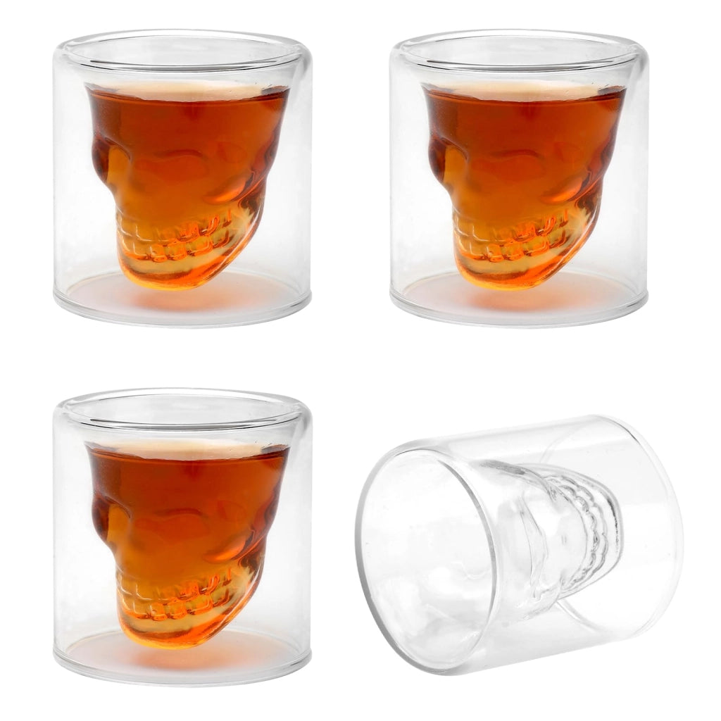 Set da 4 bicchieri da liquore a forma di teschio, capacità 20 ml, in vetro borosilicato