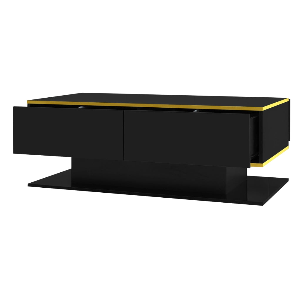Tavolino da caffè LED 100x50x40 cm nero e oro con 3 cassetti