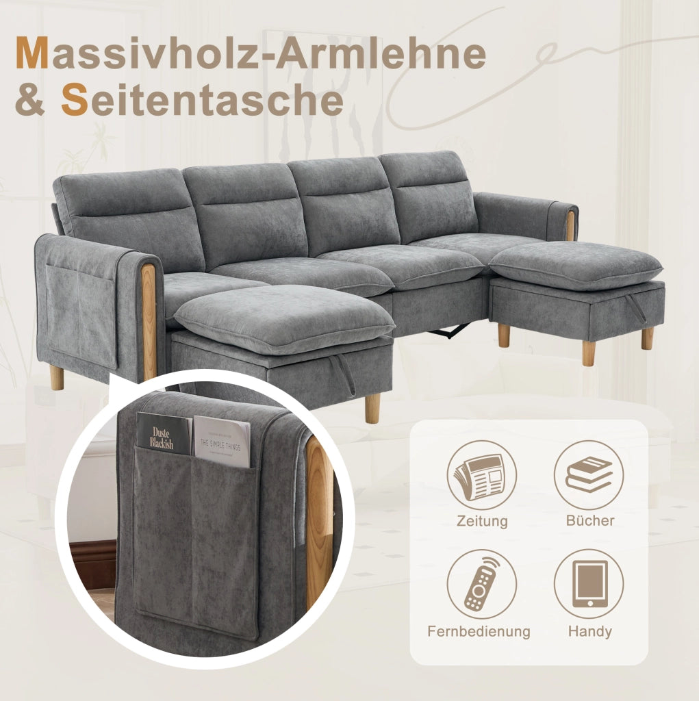 Divano modulare 4 posti in ciniglia grigio chiaro con 2 pouf contenitore