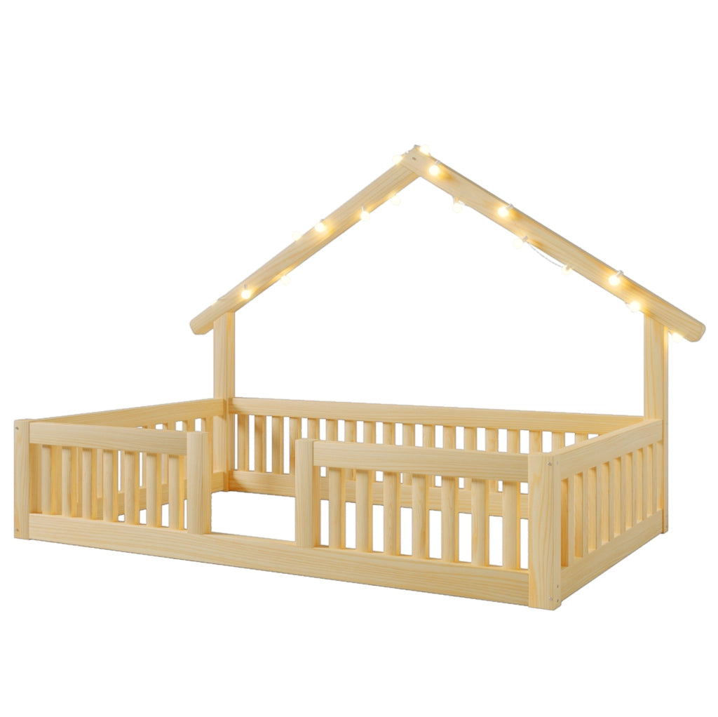Letto a casetta per bambini 90x200 cm; con sponda di sicurezza e luci LED; in legno; naturale; senza materasso