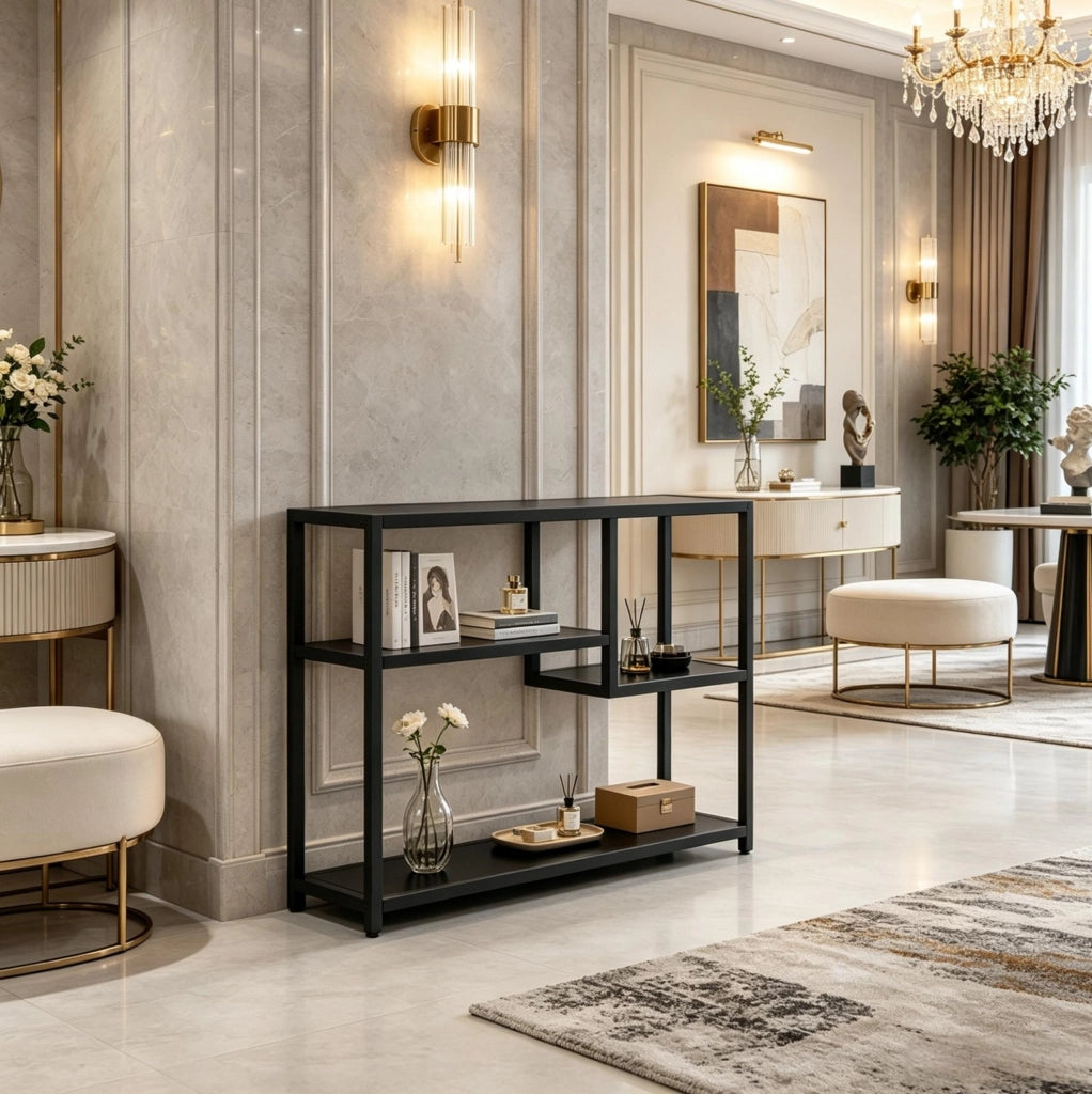 Consolle nera con ripiani aperti a 4 livelli, 110 x 30 x 85 cm