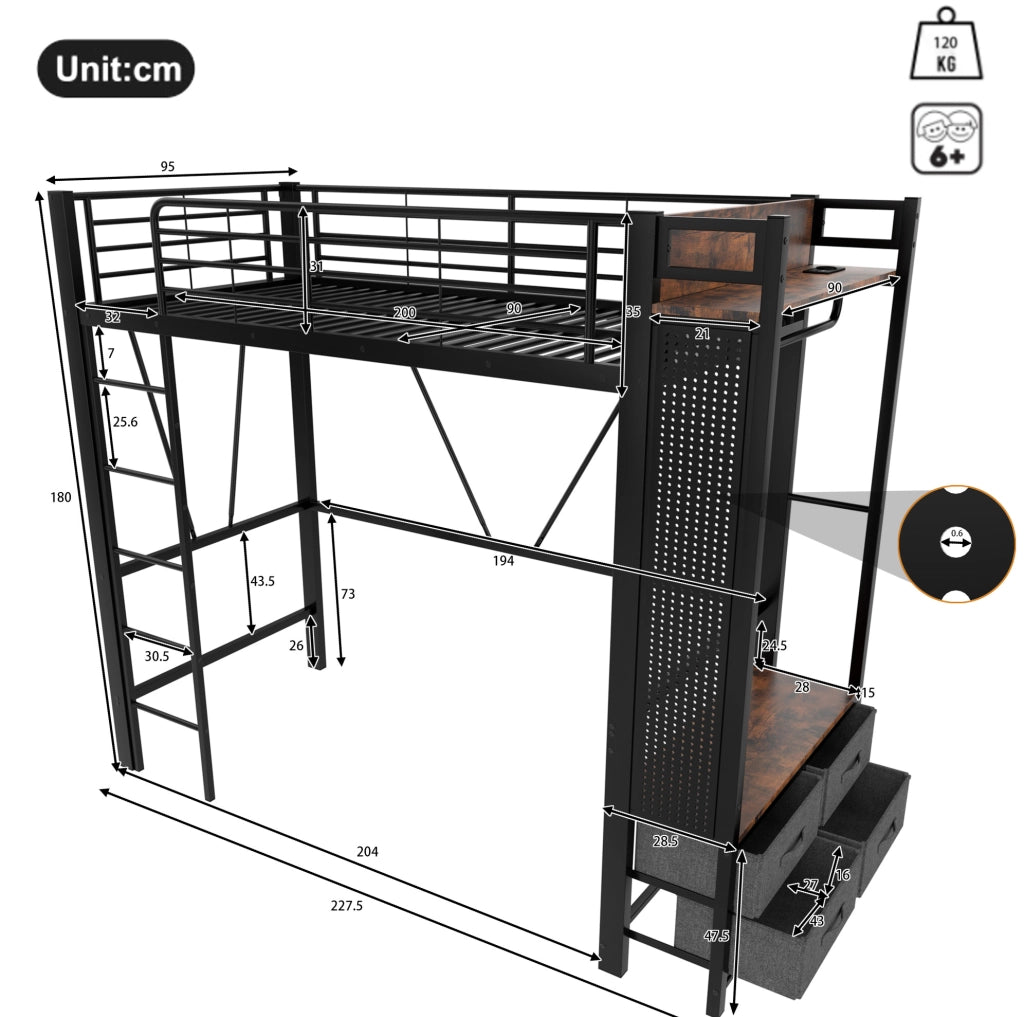 Letto a soppalco 90x200 nero con LED, USB, Type-C e materasso