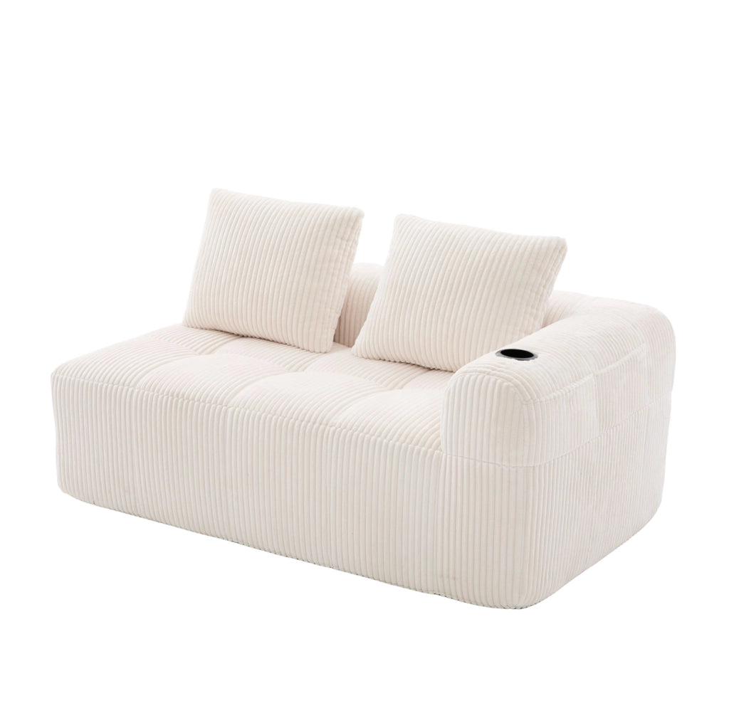 Divano 2 posti 158x93x61 cm in velluto a coste beige con tasche laterali e portabicchiere
