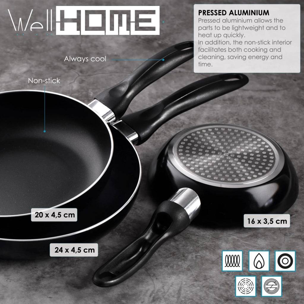 Set di pentole da cucina, 3 pezzi, diametro 16/20/24 cm, in alluminio, colore nero + 6 utensili da cucina
