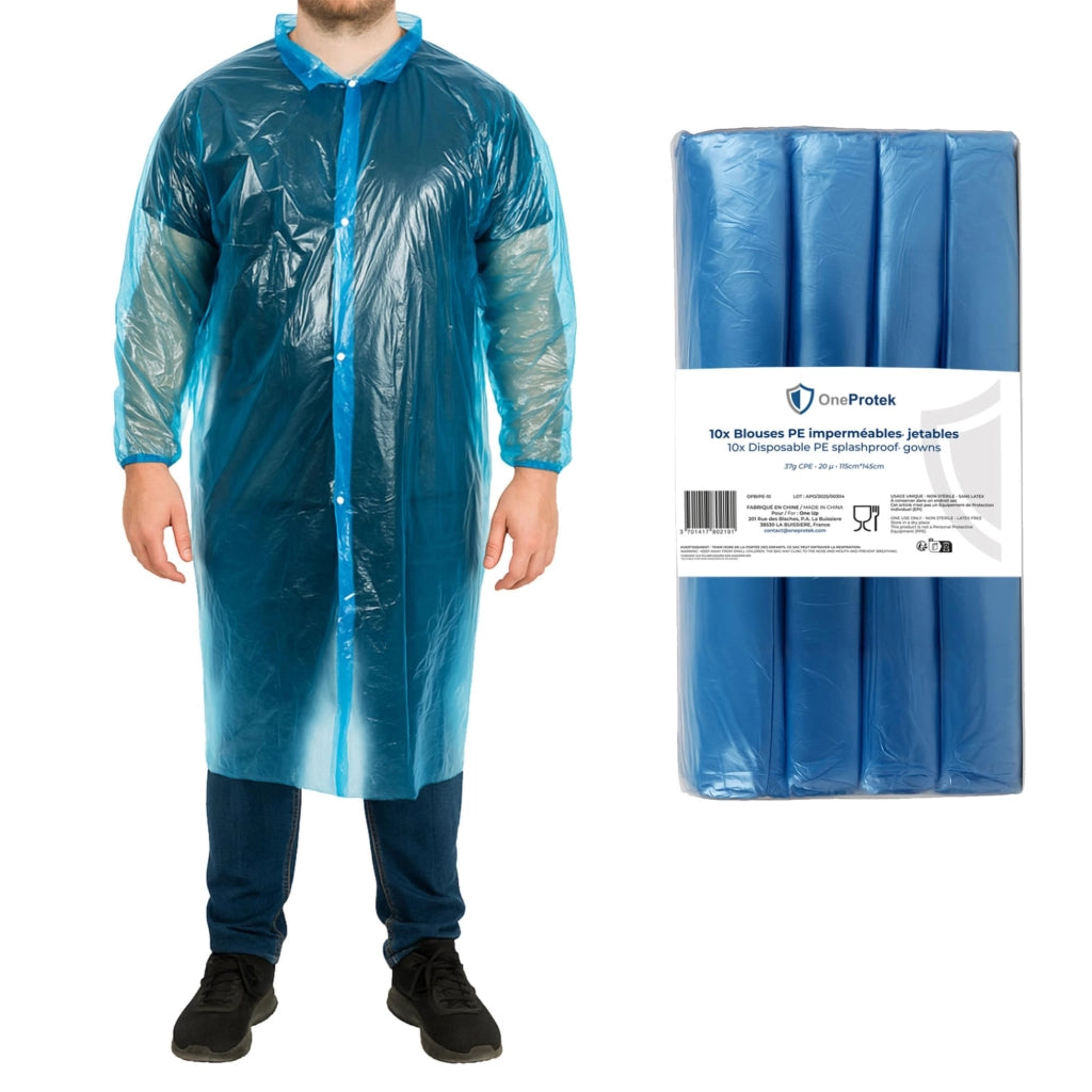 10 pezzi soprabiti monouso impermeabili, giacca protettiva con bottoni a pressione, polietilene riciclabile, robusta e comoda, adatta per contatto alimentare, taglia unica, blu