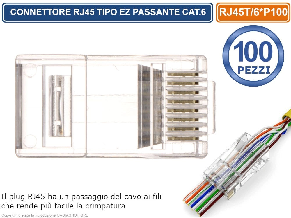 CONFEZIONE MULTIPLA 100 PEZZI PLUG RJ45 TIPO EZ PASSANTE PER CAVO ETHERNET CAT.6