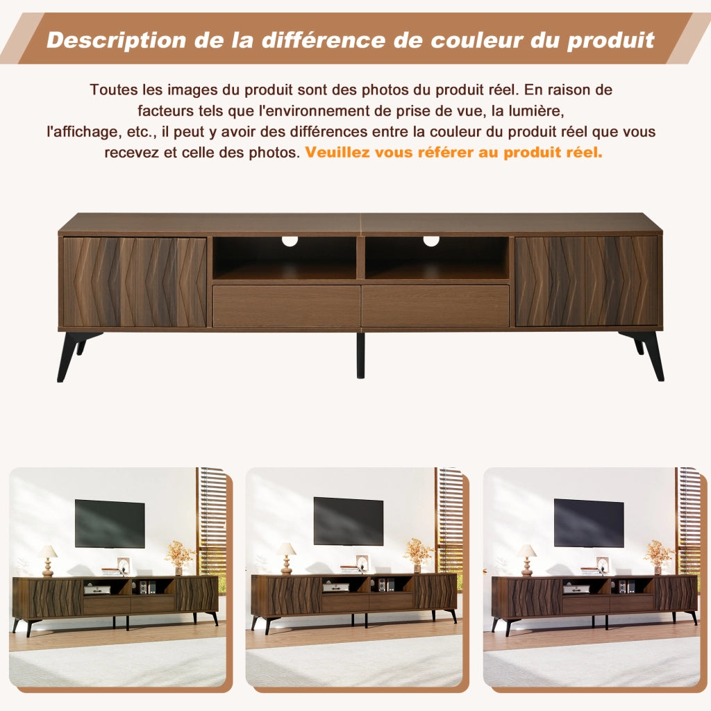 Mobile TV in truciolato effetto noce 180x35x45 cm con 2 ante a battente, 2 cassetti e 2 vani a giorno per TV fino a 75 pollici