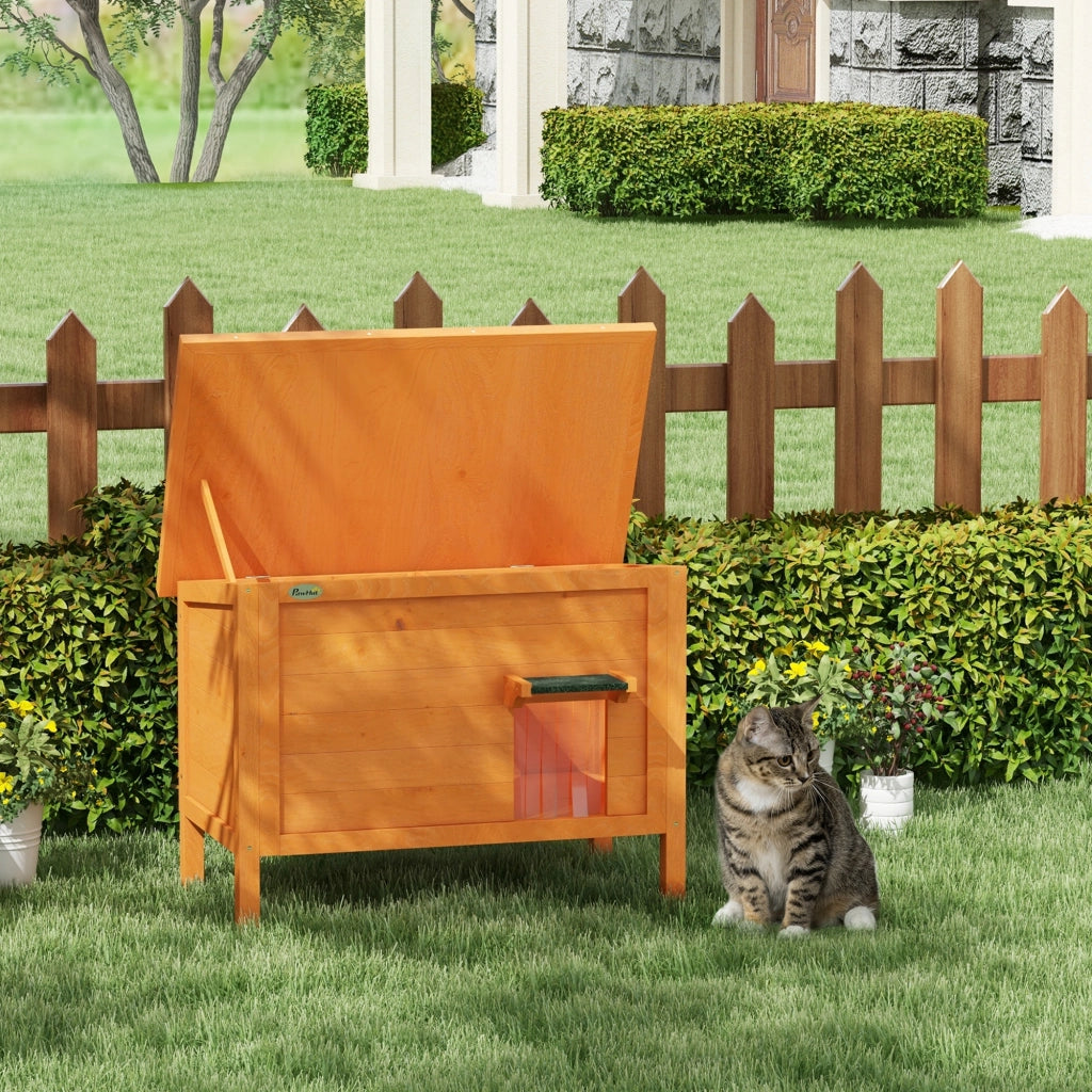 Casetta per gatti da esterno isolata in legno arancione con tetto apribile pavimento rimovibile e tenda alla porta