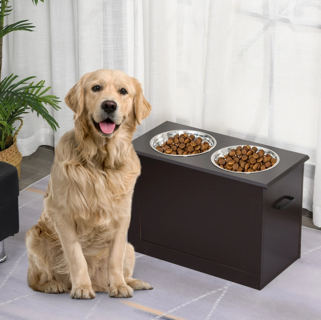 Station de Repas surélevée pour Chien 60x30x41 cm - MDF Brun avec Rangement et Gamelles