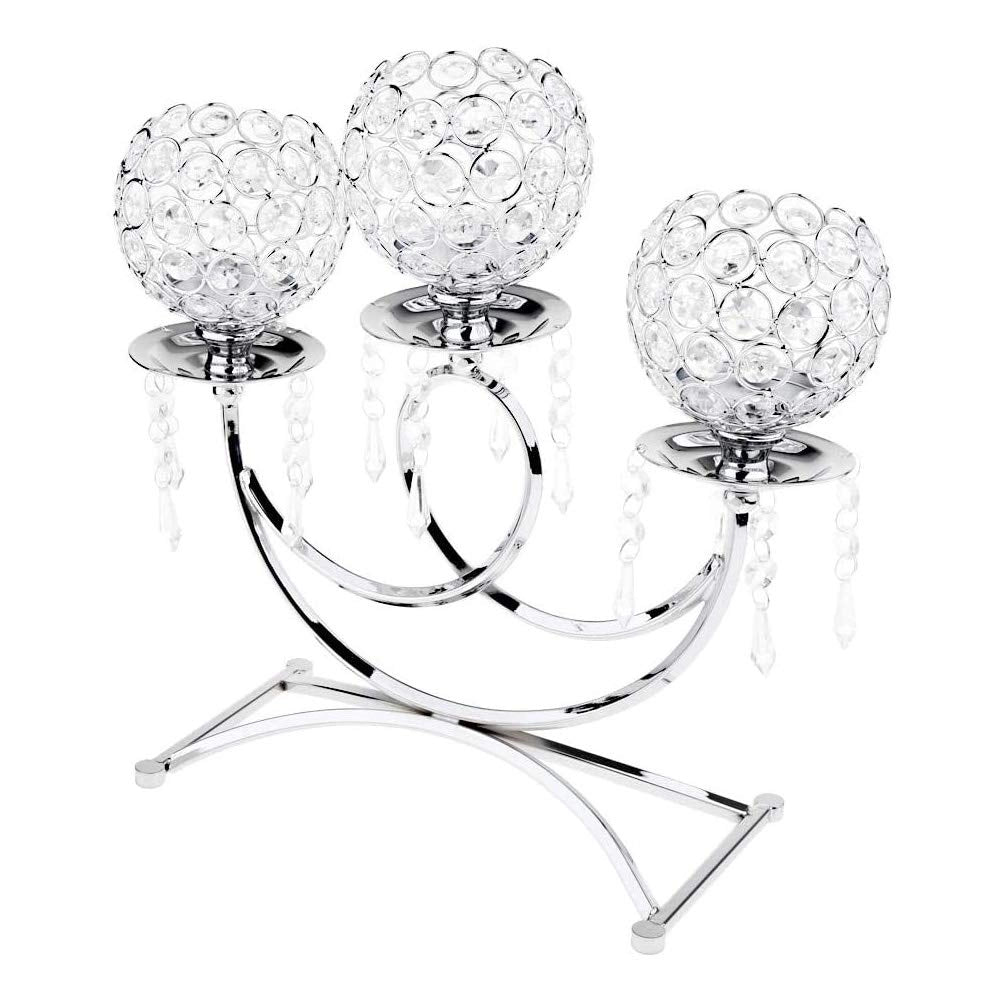 Candeliere a tre bracci, in cristallo e metallo, altezza 36 cm, color argento, per candele votive