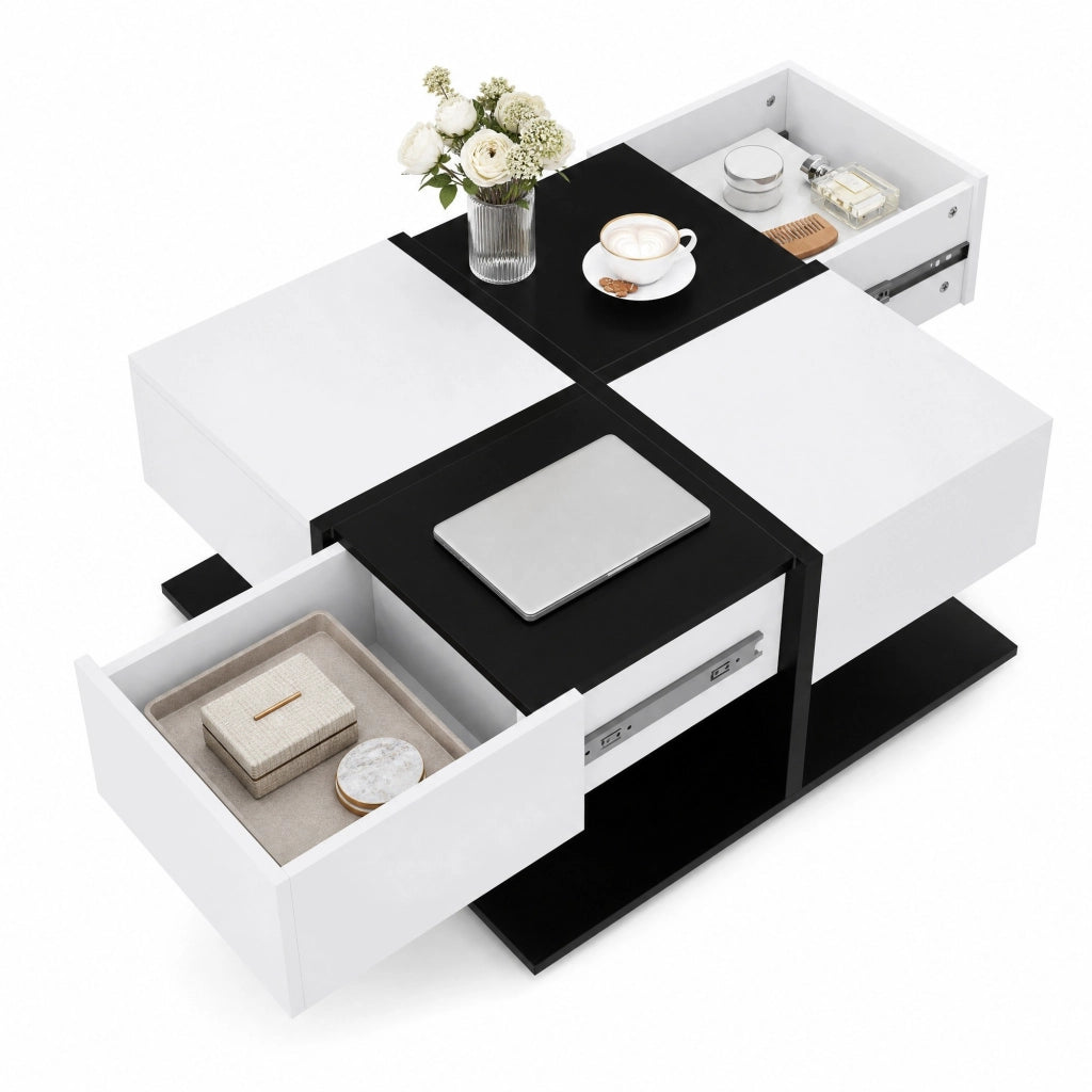 Tavolino da salotto con contenitore 70x70 cm nero e bianco, 2 cassetti