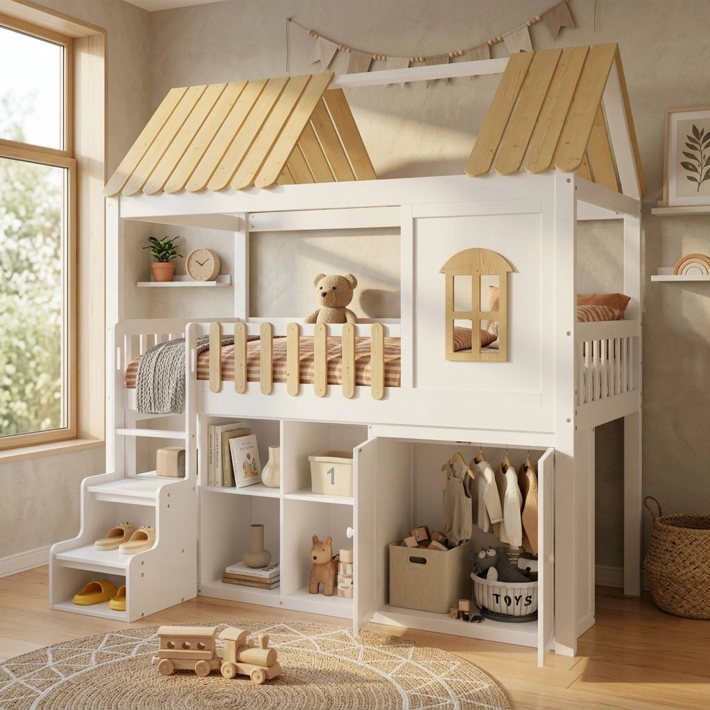 Letto a soppalco per bambini 90 × 200 cm con armadio e ripiani in legno bianco e naturale con finestra