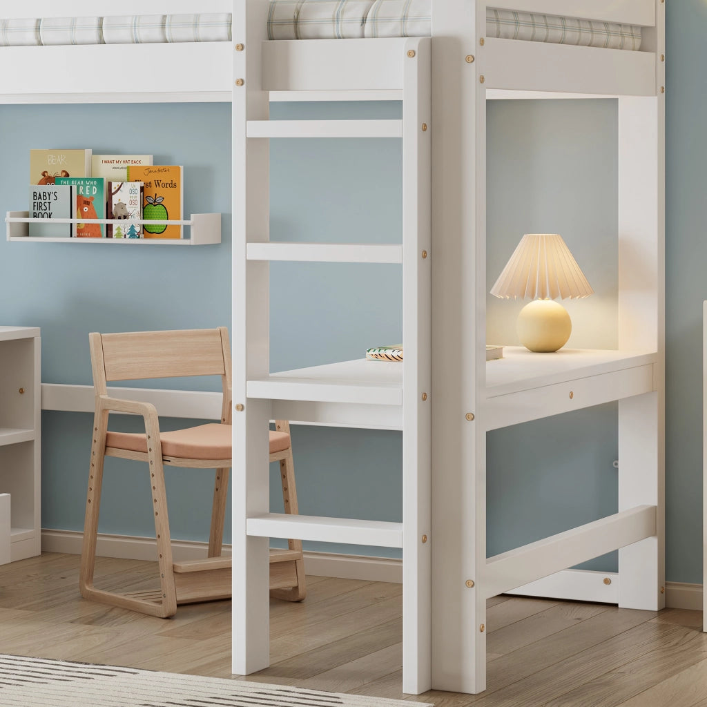 Letto a soppalco per bambini 90 × 200 cm con scrivania cassetti scaffale rete a doghe in legno bianco