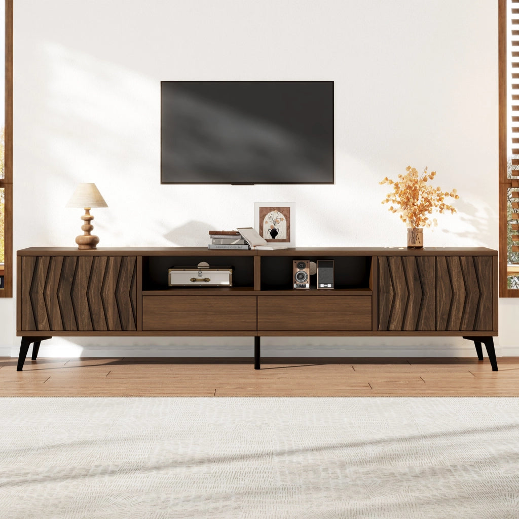 Mobile TV 180 × 35 × 45 cm con 2 ante 2 cassetti e vani aperti in truciolare color noce con gambe regolabili