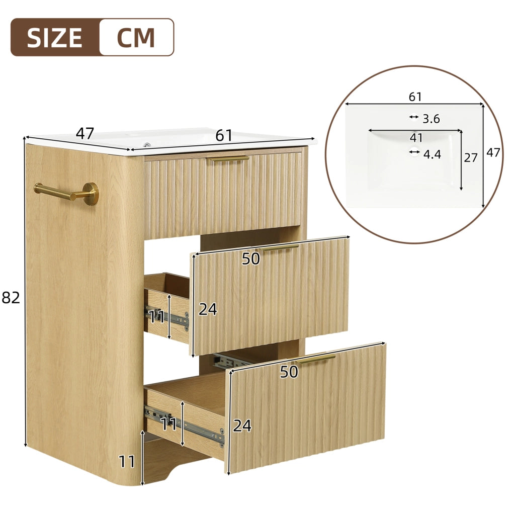 Mobile bagno 61 cm con lavabo in ceramica, cassetti e portarotolo montabile su entrambi i lati, finitura effetto legno e maniglie dorate, senza rubinetto