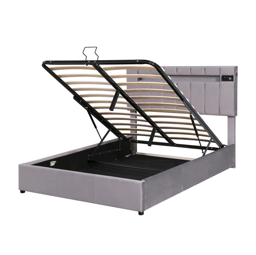 Letto imbottito con contenitore idraulico; LED; Bluetooth e 2 porte USB; 203 × 145 × 101 (106) cm; grigio