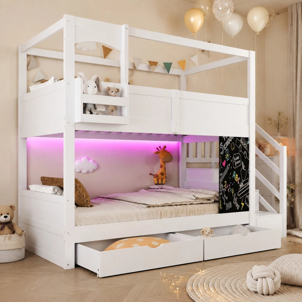 Letto contenitore per bambini 90x200 cm con scala e rete a doghe in legno bianco per cameretta, senza materasso