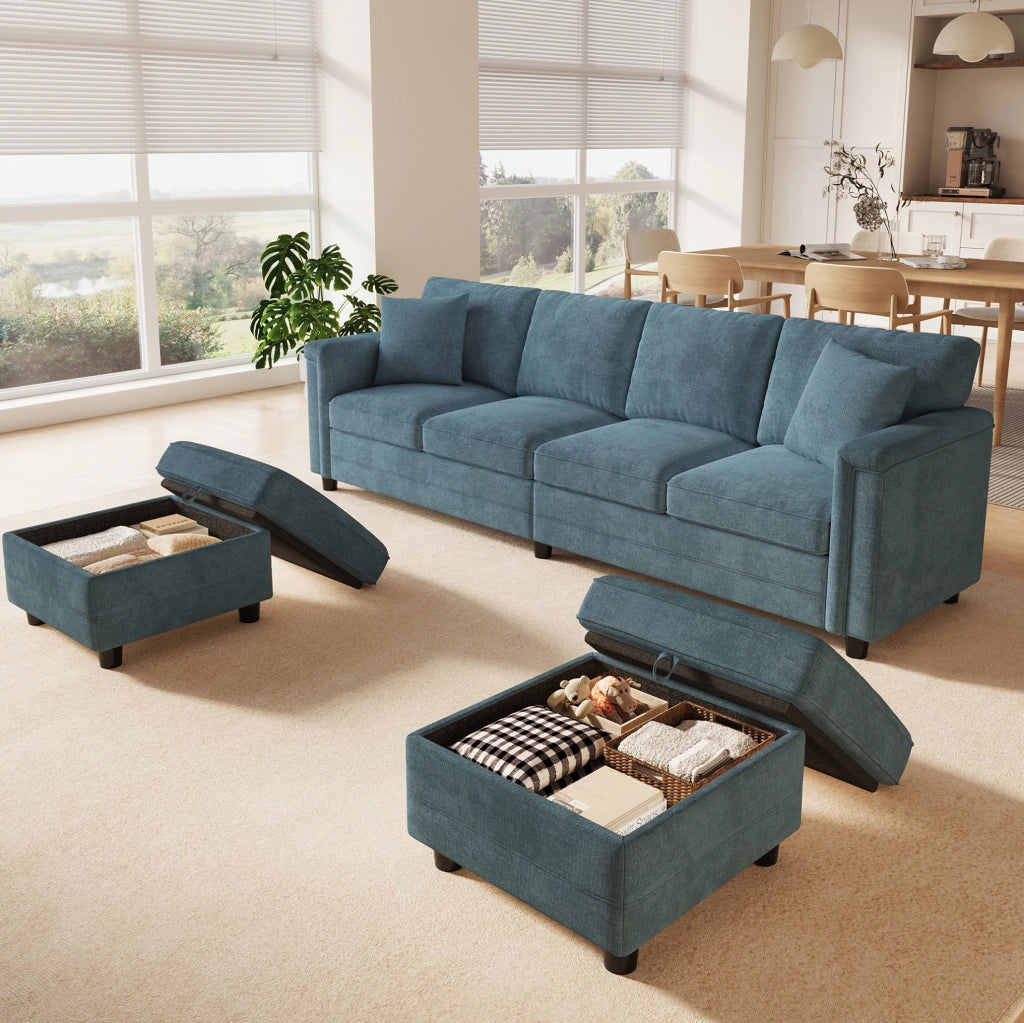Divano modulare blu in ciniglia con due pouf contenitori