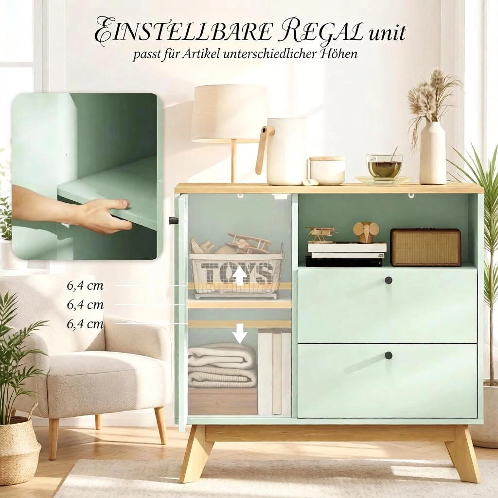 Credenza 80 × 35 × 76,3 cm con un'anta due cassetti vano aperto ripiano regolabile in MDF verde chiaro e rovere
