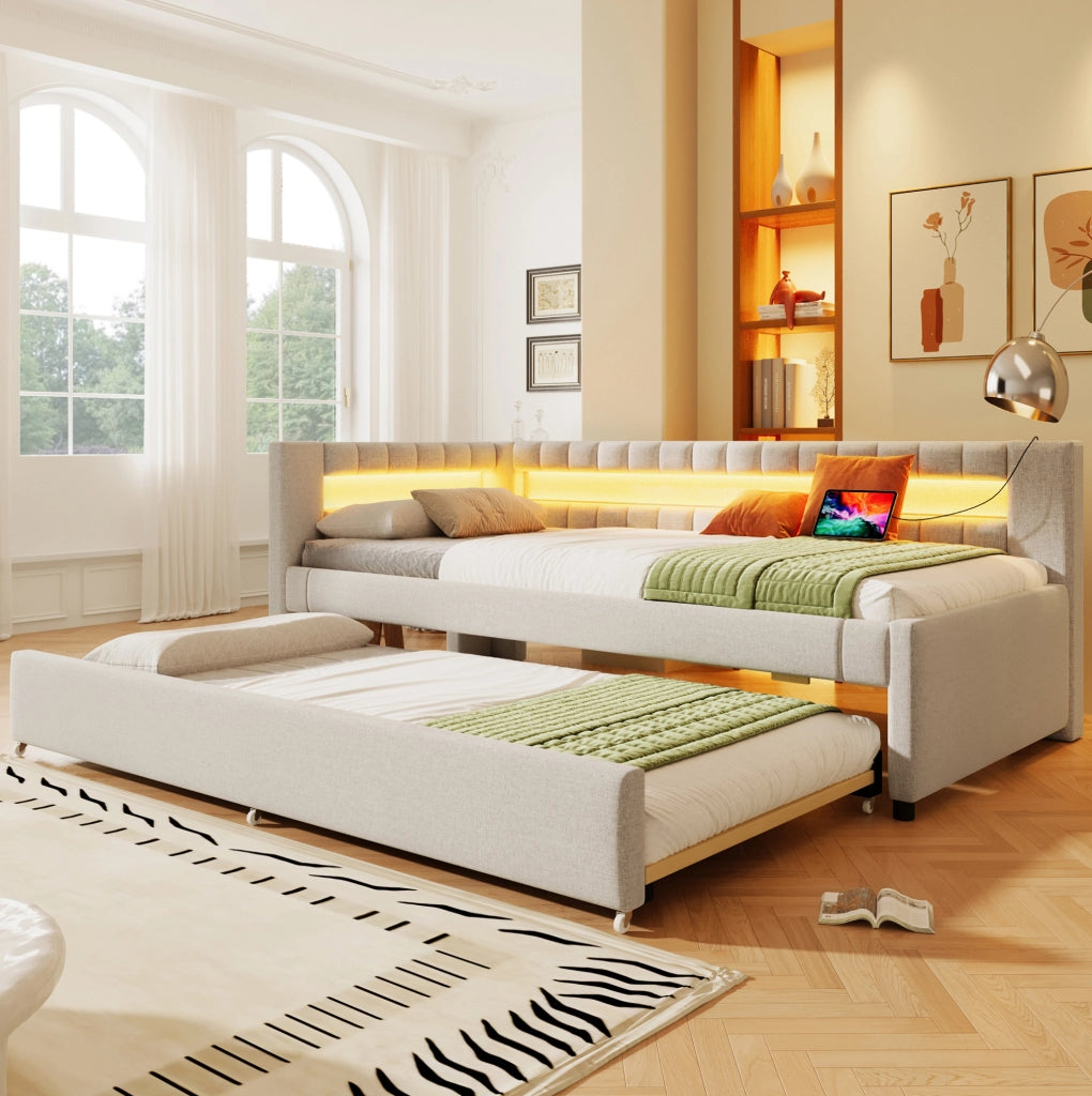 Daybed estraibile con illuminazione LED, 90x200 cm, in lino beige con porte USB e TYPE-C