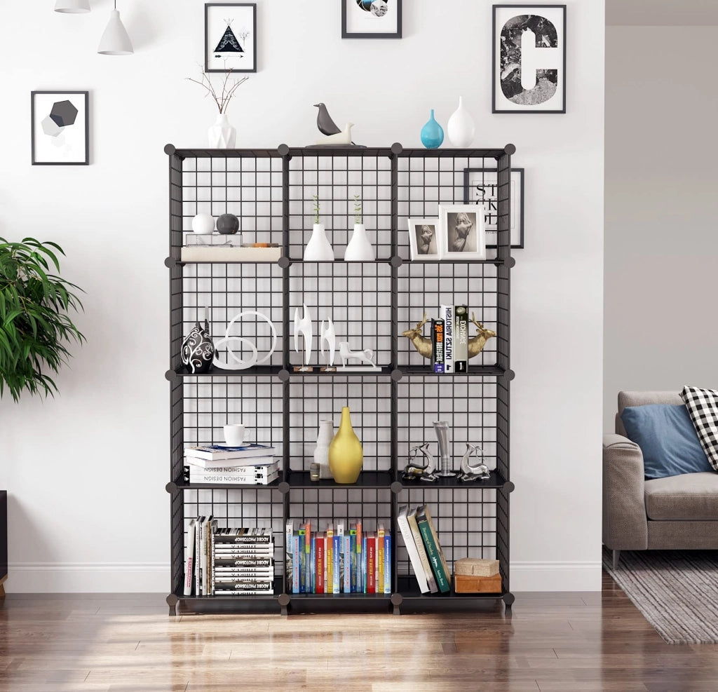 Scaffale modulare a forma di cubi, 12 cubi, colore nero, da assemblare, impilabile, 30 cm (11,8 pollici)