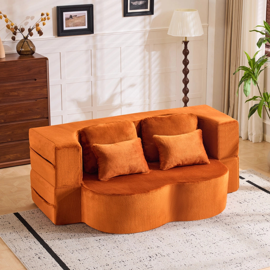 Divano letto da pavimento pieghevole in peluche arancione con schiuma e 4 cuscini